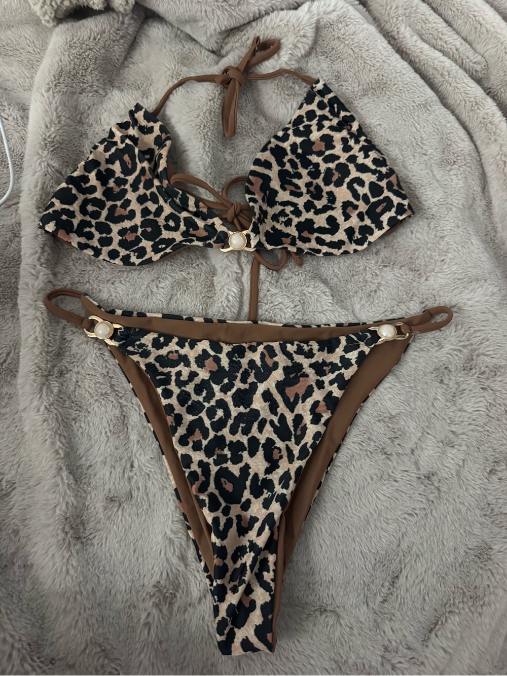 Leopard Print Bikini Set with Brown Trim